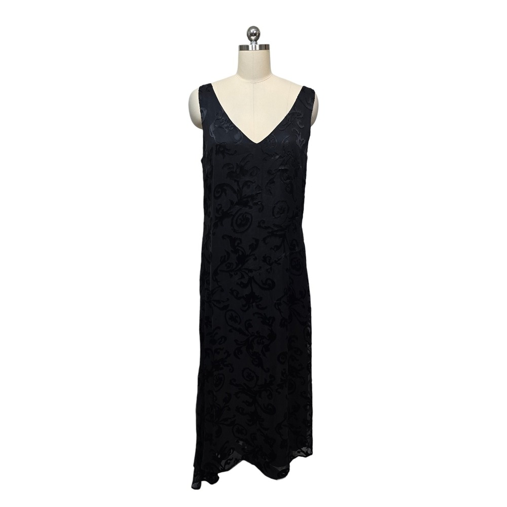 Vintage Together Black Silk Blend Burnout Velvet Damask VNeck Maxi Dress Size 14